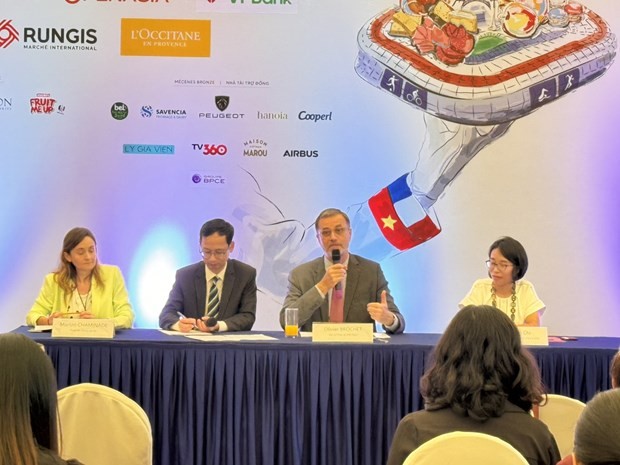 French Ambassador to Vietnam Olivier Brochet speaks at the press conference to announce the culinary festival. (Photo: The Embassy of France in Vietnam)