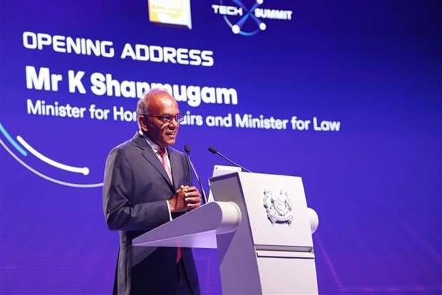 Singapore's Minister for Home Affairs and for Law, Mr. K Shanmugam speaks at the opening ceremony of the event. (Photo: VNA)
