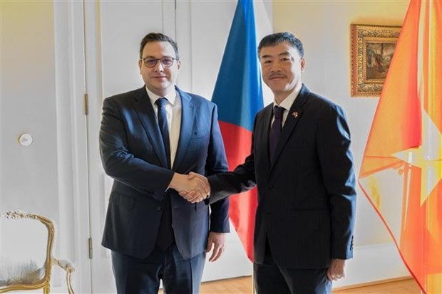 Czech Foreign Minister Jan Lipavsky (L) shakes hands with Vietnamese Ambassador to the European country Duong Hoai Nam. (Photo: VNA)