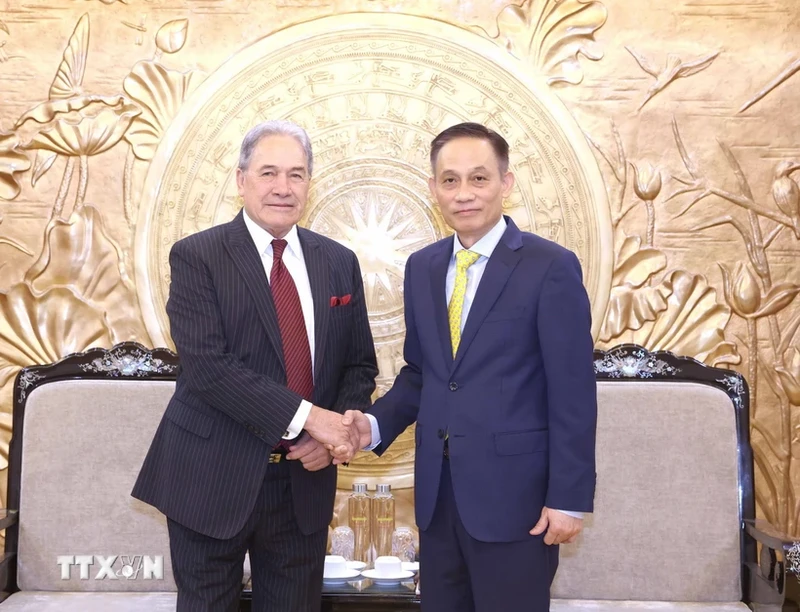 Secretary of the Communist Party of Vietnam (CPV) Central Committee and Chairman of the CPV Central Committee's Commission for External Relations Le Hoai Trung (R) and visiting New Zealand Deputy Prime Minister and Minister of Foreign Affairs Winston Peters at their meeting in Hanoi on June 6. (Photo: VNA)