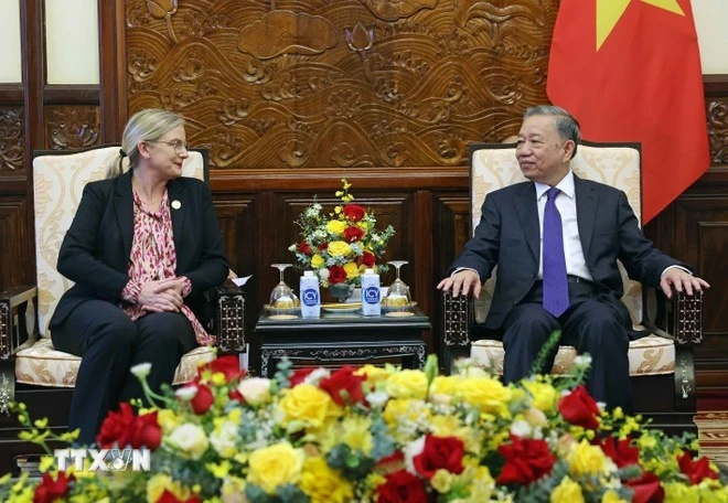 President To Lam (right) and Swedish Ambassador to Vietnam Ann Mawe. (Photo: VNA)