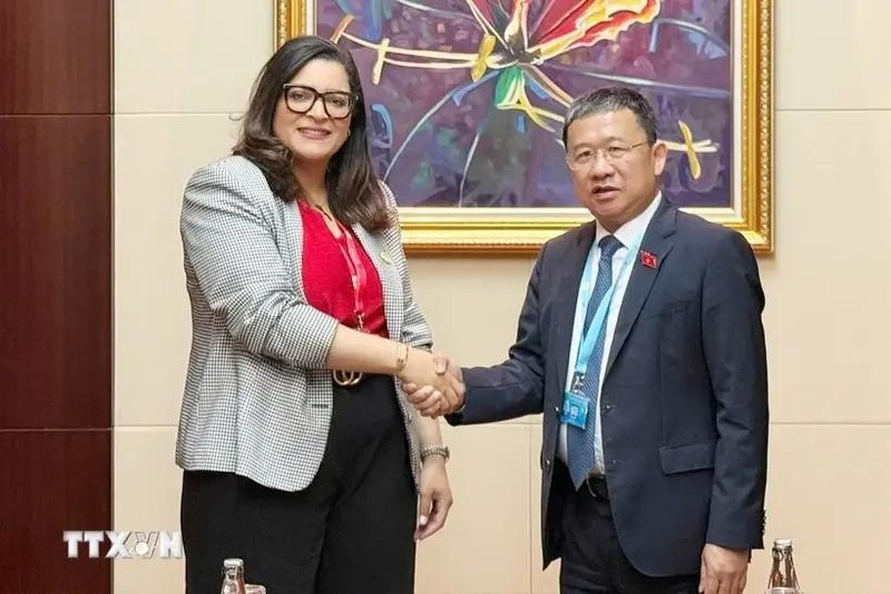 Chairman of the National Assembly's Committee for External Relations Vu Hai Ha (R) meets with Chairperson of the Foreign Affairs, National Defence, Islamic Affairs, and Moroccan Expatriates Committee of the Moroccan House of Representatives Salma Benaziz in Vientiane on October 20. (Photo: VNA)