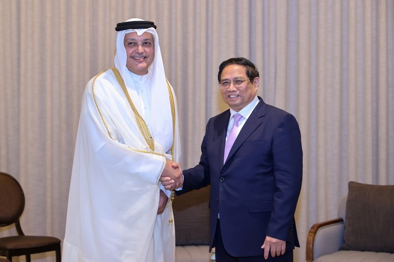 Vietnamese Prime Minister Pham Minh Chinh (R) receives Qatari Minister of Communications and Information Technology Mohammed bin Ali bin Mohammed Al Mannai in Doha on October 31. (Photo: VGP)