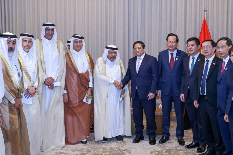 PM Pham Minh Chinh (sixth from right) receives the delegation of Qatari enterprises in Doha on October 31. (Photo: VGP)