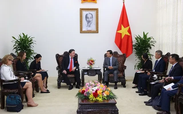 Deputy Prime Minister Tran Hong Ha (R) receives US Ambassador to Vietnam Marc Knapper. (Photo: VGP)