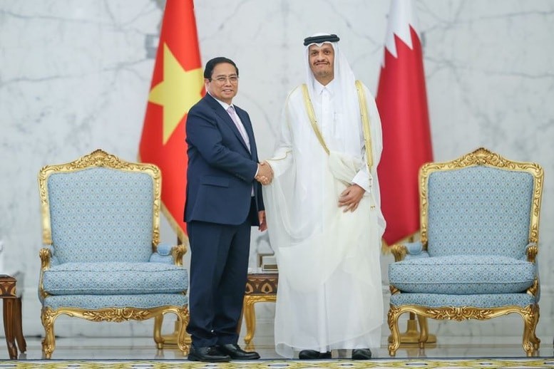 Vietnamese Prime Minister Pham Minh Chinh (left) and his Qatari counterpart Sheikh Mohammed bin Abdulrahman Al Thani in Doha on October 31. (Photo: VGP)