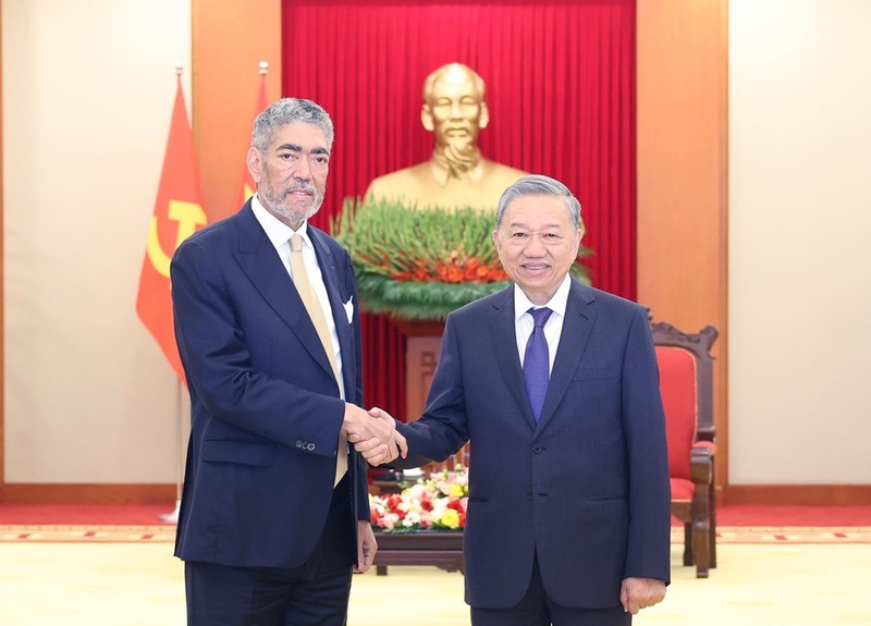 General Secretary of the Communist Party of Vietnam Central Committee To Lam (R) hosts a reception for General Secretary of the United Left Movement (MIU) Party and Minister of Regional Integration Policies of the Dominican Republic Miguel Mejia. (Photo: VNA)