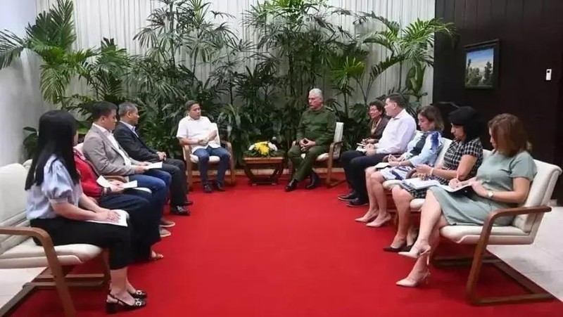 Cuban President Miguel Díaz-Canel (far right) receives representatives of Vietnamese businesses. (Photo: VNA)