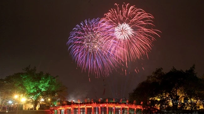 High altitude fireworks display by Hoan Kiem Lake.