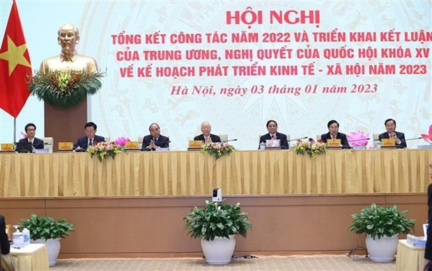 Party General Secretary Nguyen Phu Trong, President Nguyen Xuan Phuc, Prime Minister Pham Minh Chinh, NA Chairman Vuong Dinh Hue, and Deputy PMs at the conference on January 3 (Photo: VNA)