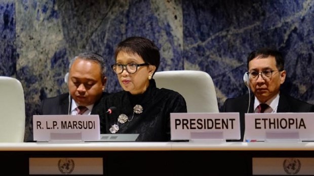 Indonesian Foreign Minister Retno Marsudi (C) attends the Conference on Disarmament meeting in Geneva, Switzerland, on February 27, 2023.(Photo: Tempco)