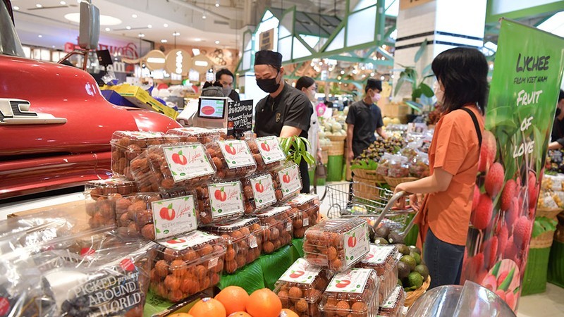 Bac Giang lychees on sale at the Siam Paragon shopping mall in Bangkok, Thailand.