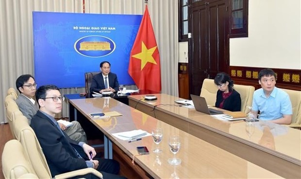 Foreign Minister Bui Thanh Son and other members of the Vietnamese delegation attend the 12th MGC Ministerial Meeting via videoconference on July 16. (Photo: VNA)