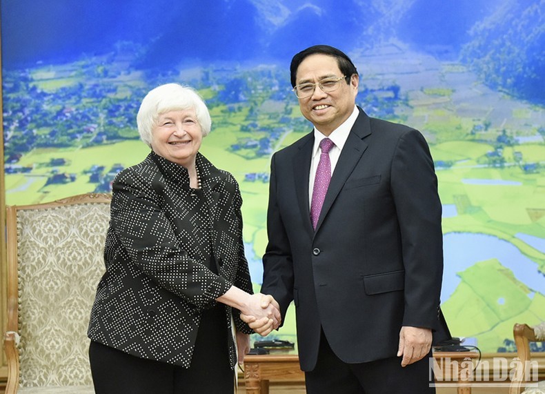 Prime Minister Pham Minh Chinh and US Treasury Secretary Janet Yellen at their meeting in Hanoi on July 20. (Photo: Tran Hai)