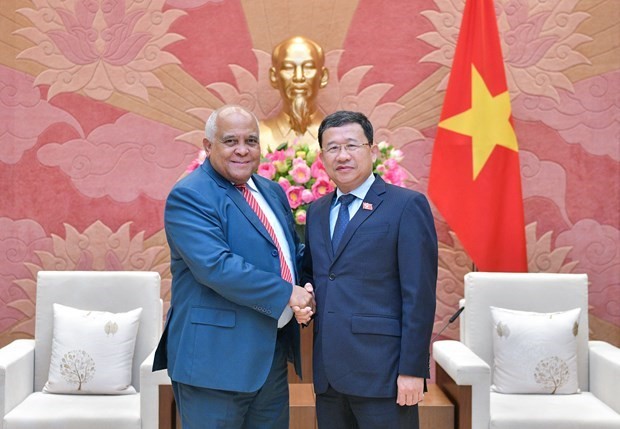 Chairman of the National Assembly (NA)’s Committee for External Relations Vu Hai Ha (R) and Cuban Ambassador to Vietnam Nicolás Hernández Guillén at the reception (Photo: VNA)