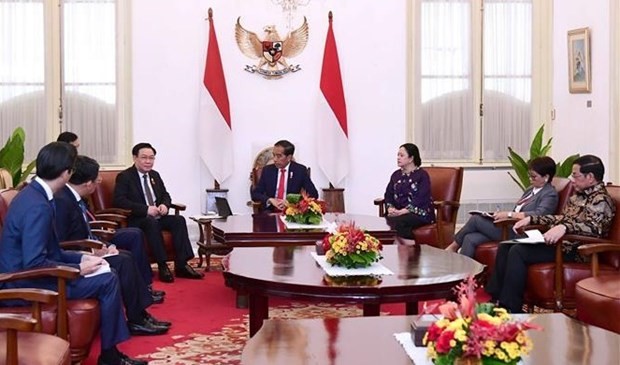 NA Chairman Vuong Dinh Hue (fifth, right) in a meeting with Indonesian President Joko Widodo (Photo: VNA) 