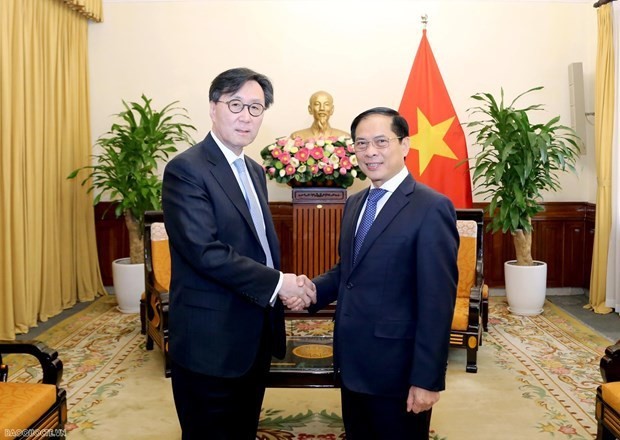 Foreign Minister Bui Thanh Son (R) shakes hands with First Vice Minister of Foreign Affairs of the Republic of Korea (RoK) Chang Ho-jin. (Photo: VNA)