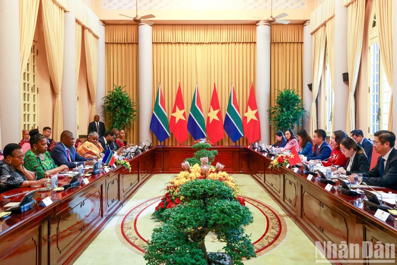 The talks between Vietnamese Vice President Vo Thi Anh Xuan and Deputy President of South Africa Paul Mashatile in Hanoi on December 14. (Photo: NDO)