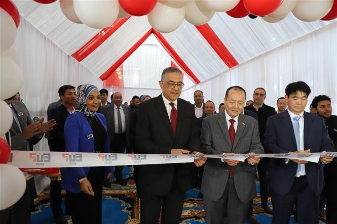 Vietnamese Ambassador to Egypt Nguyen Huy Dung (second from the right) and Chairman of the Egyptian Investment Management Authority and Processing Zones Hossam Heiba (third from the right) cut the ribbon to inaugurate the factory. (Photo: VNA)