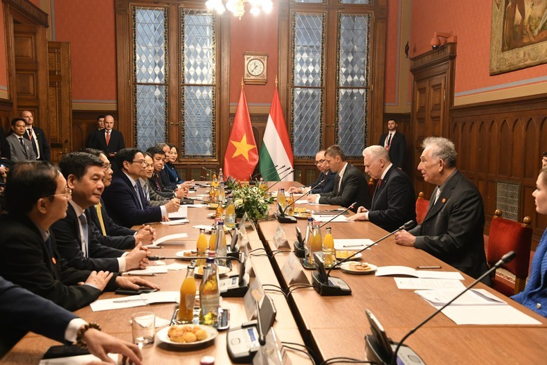 At the meeting between PM Pham Minh Chinh and Deputy Speaker of the Hungarian National Assembly Jakab István. (Photo: VNA)