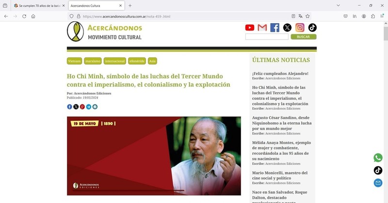 Screenshot of the article on President Ho Chi Minh posted on Acercandonos Cultura website (Photo: VNA)