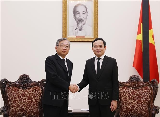 Deputy Prime Minister Tran Luu Quang (R) and Singaporean counterpart Gan Kim Yong at their meeting in Hanoi on July 25 (Photo: VNA)