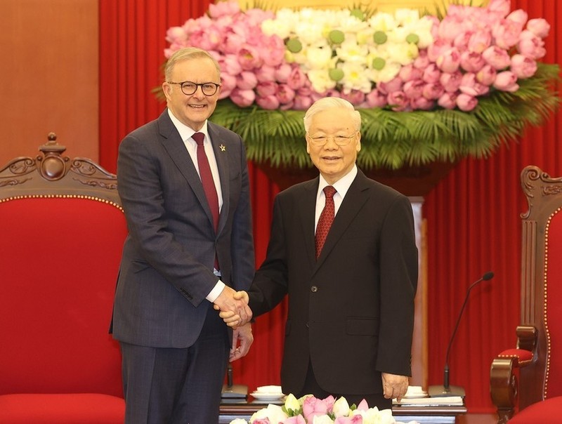 Party General Secretary Nguyen Phu Trong (R) receives Australian Prime Minister Anthony Albanese (Photo: VNA)