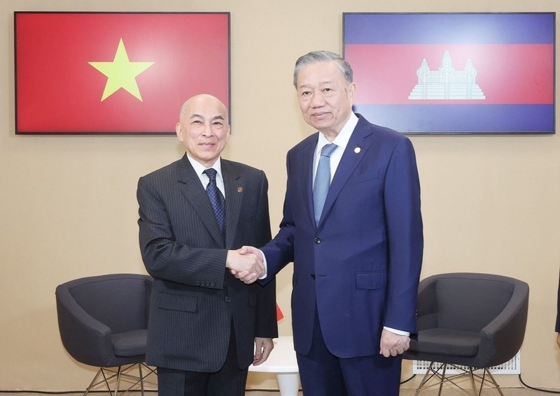 Party General Secretary and State President To Lam meets with Cambodian King Norodom Sihamoni in Paris on October 5. (local time) (Photo: VNA)