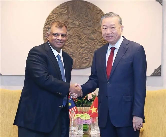 General Secretary of the Communist Party of Vietnam Central Committee To Lam (R) receives Tony Fernandes, CEO of Capital A. (Photo: VNA)