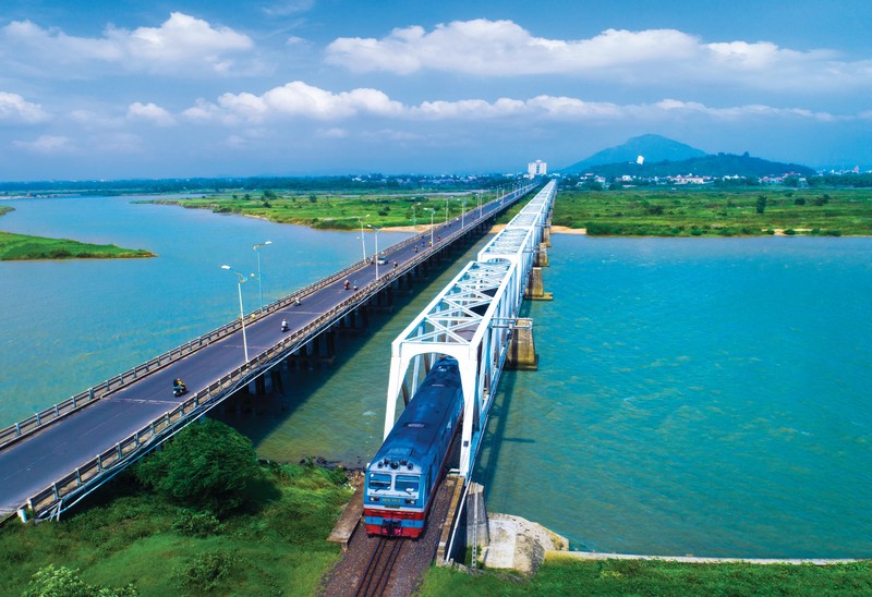 A train on Vietnam's conventional railway.