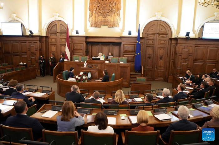 Latvia's new parliament convenes its first session in Riga, Latvia, on Nov. 1, 2022. Edvards Smiltens of the United List became the new parliament speaker, with 82 votes in favor and 11 votes against. (Photo: Xinhua) 