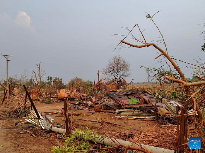 This photo taken with mobile phone on April 21, 2023 shows properties damaged by a tornado in Lewe township of Nay Pyi Taw Union Territory, Myanmar. Six people were killed and 109 others injured after a deadly tornado hit central Myanmar on Friday, local authorities said. (Source: Xinhua)