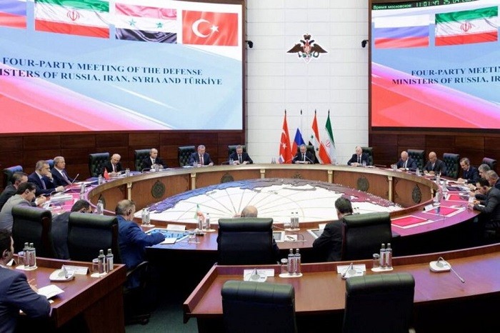 Negotiators and officials attend a meeting of defence ministers of Russia, Iran, Syria and Turkey in Moscow, Russia, April 25, 2023. (Russian Defence Ministry/Handout via Reuters)