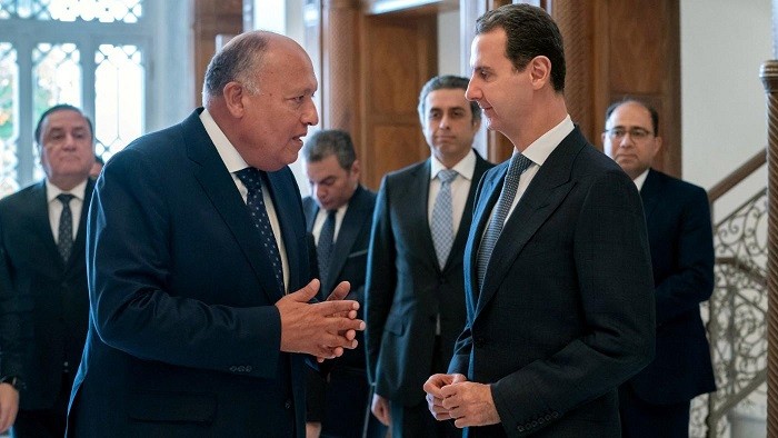 Syria's President Bashar al-Assad meets with Egypt's Foreign Minister Sameh Shoukry in Damascus, 27 February 2023. (Photo: Reuters)
