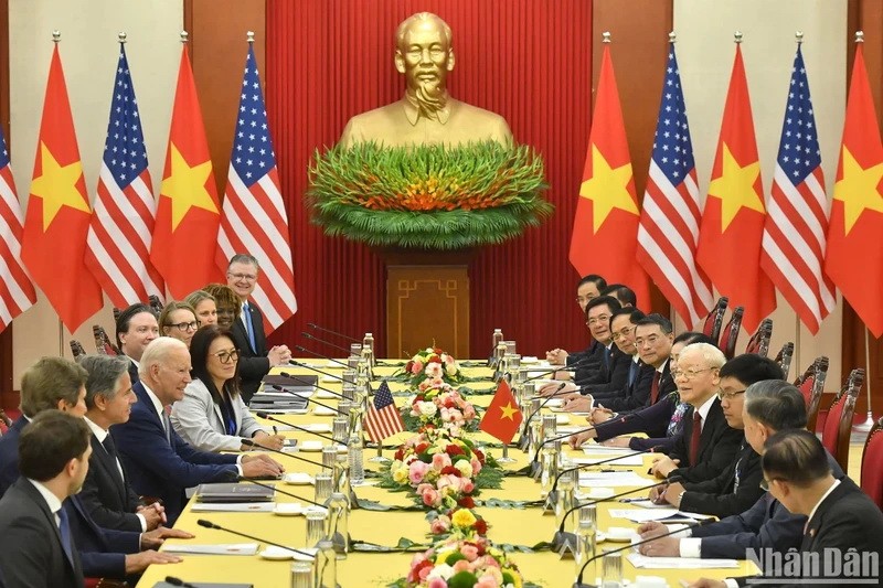 The promotion of economics, trade, and investment is among the key contents of the talks between General Secretary Nguyen Phu Trong and US President Joe Biden. (Photo: NDO)