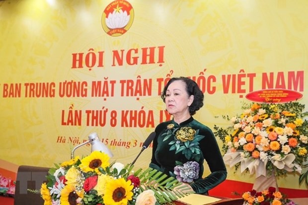 Truong Thi Mai, Politburo member, Permanent member of the Party Central Committee’s Secretariat and Chairwoman of the Party Central Committee’s Organisation Commission, speaks at the 8th sesion of the 9th-tenure VFF Central Committee on March 15. (Photo: VNA)