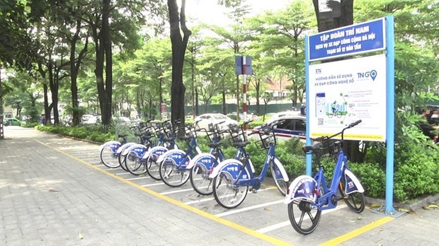 A rental spot for the public bicycle-sharing service in Hanoi. (Photo: VietnamPlus) 