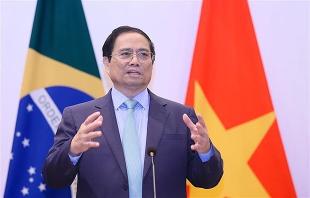 Prime Minister Pham Minh Chinh delivers a policy speech at the Brazilian Ministry of Foreign Affairs on September 25. (Photo: VNA)