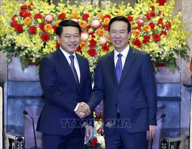 President Vo Van Thuong and Deputy Prime Minister and Minister of Foreign Affairs of Laos Saleumxay Kommasith at their meeting in Hanoi on November 2. (Photo: VNA)