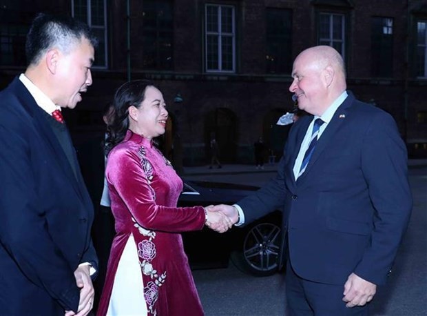 Vice President Vo Thi Anh Xuan (L) shakes hands with Speaker of the Danish Parliament Soren Gade. (Photo: VNA)