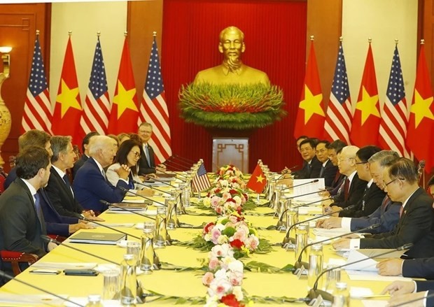 At the talks between General Secretary of the Communist Party of Vietnam Nguyen Phu Trong and US President Joe Biden in Hanoi (Photo: VNA)
