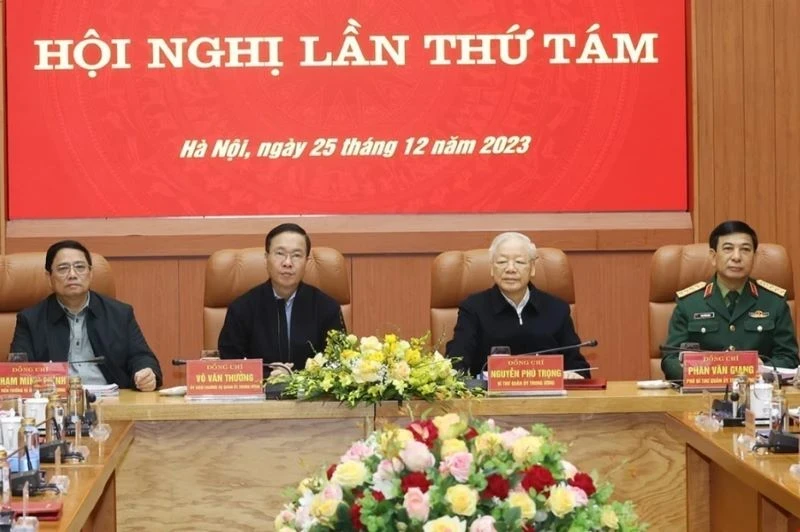 Party General Secretary Nguyen Phu Trong and leaders of the Party, State, and Central Military Commission chair the session. (Photo: VNA)