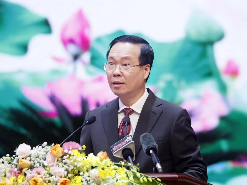 Politburo member, President Vo Van Thuong on December 29 attends and delivers a speech at the national military-political conference in 2023. (Photo: VNA)