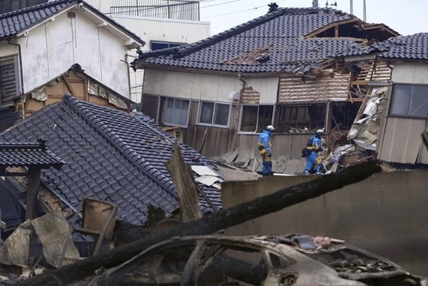 Houses destroyed by the earthquake in Wajima, Ishikawa Prefecture, Japan on January 2, 2024 (Photo: VNA)