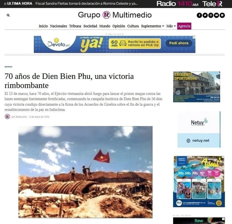 Uruguay's Grupo R Multimedio newspaper on May 7 publishes a series of three articles on the occasion of the 70th anniversary of the Dien Bien Phu Victory. (Photo: Screenshots)