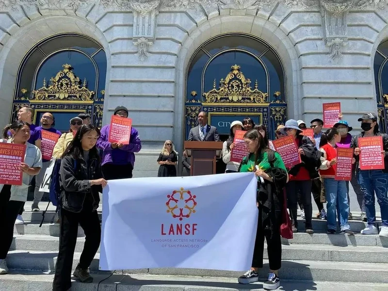 San Francisco Supervisor Shamann Walton speaks on the steps of City Hall on June 11 alongside community-based language access advocates on the topic of Vietnamese becoming an official city language. (Source: Ko Lyn Cheang/The Chronicle)