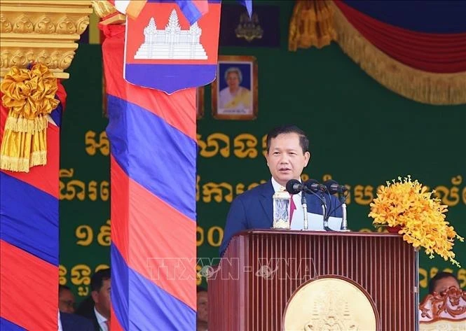 Cambodian Prime Minister Hun Manet speaks at the ceremony marking the 47th Remembrance Day of the “Journey to Overthrow the Pol Pot Genocidal Regime” (June 20, 1977) in Tbong Khmum province on June 20. (Photo: VNA)