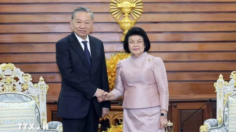 Vietnamese President To Lam (L) and President of the Cambodian National Assembly Khuon Sudary. (Photo: VNA)