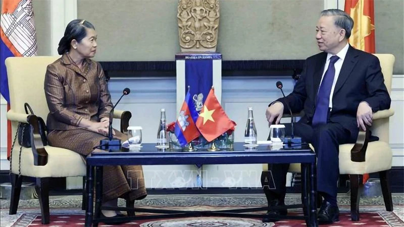 President To Lam (right) meets with Chairwoman of the Cambodia-Vietnam Friendship Association Samdech Men Sam An (Photo: VNA)