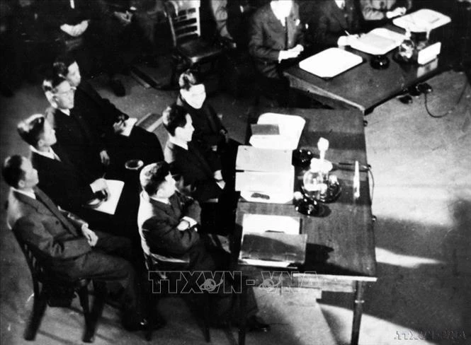 The delegation of the Democratic Republic of Vietnam, led by then Deputy Prime Minister Pham Van Dong, at the opening session of the Geneva Conference on Indochina, on the morning of May 8, 1954. (File Photo: VNA)